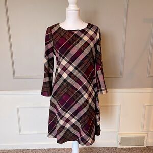 JH Women's plaid dress flare sleeve pockets soft office casual purple plum